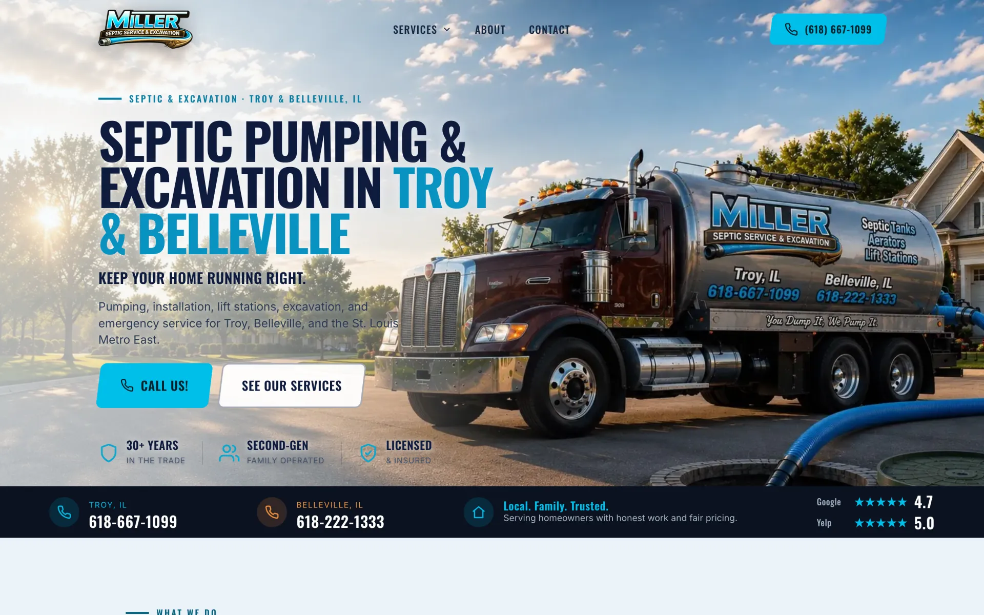 Miller Septic and Excavation homepage, second-generation septic operator