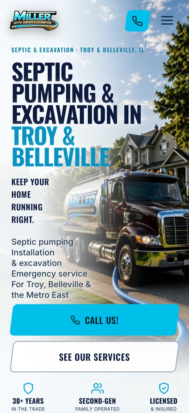 Miller Septic & Excavation mobile homepage